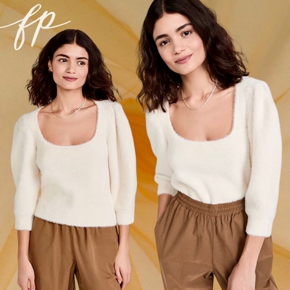 FREE PEOPLE NWT Moonbeam Fuzzy 3/4 Puff Sleeve Cropped Scoop Neck Sweater/Lg - Picture 13 of 16